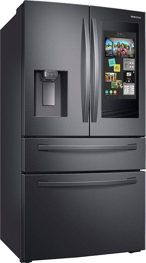 Angle. Samsung - 22.2 cu. ft. 4-Door French Door Counter Depth Smart Refrigerator with Family Hub - Black stainless steel.