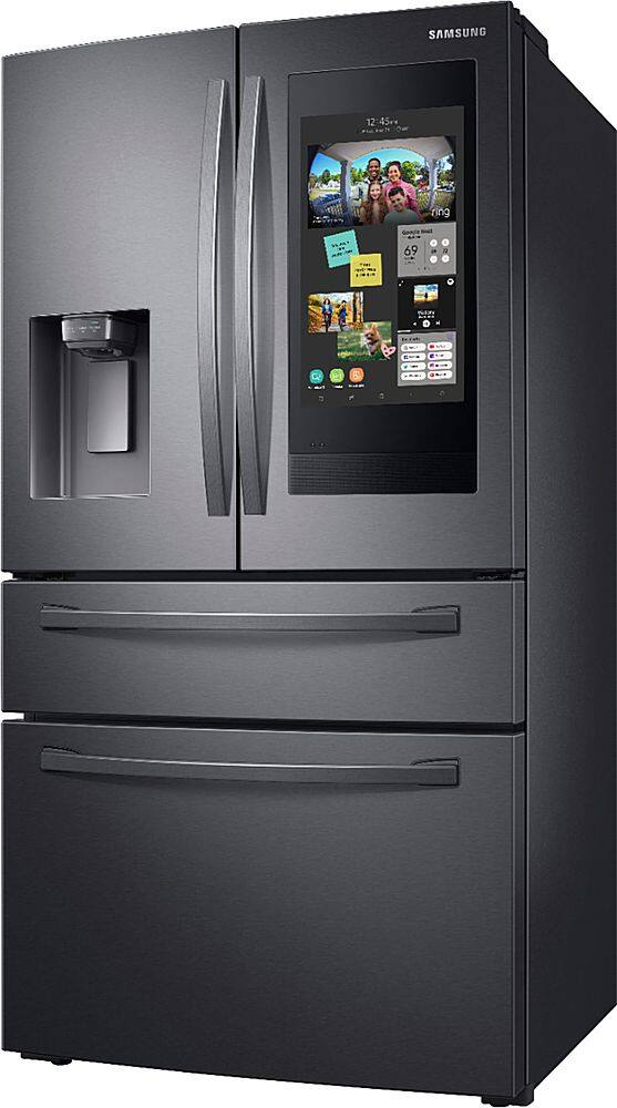 Left. Samsung - 22.2 cu. ft. 4-Door French Door Counter Depth Smart Refrigerator with Family Hub - Black stainless steel.