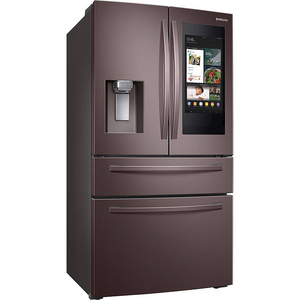 Angle. Samsung - 27.7 cu. ft. 4-Door French Door Smart Refrigerator with Family Hub - Tuscan Stainless Steel.