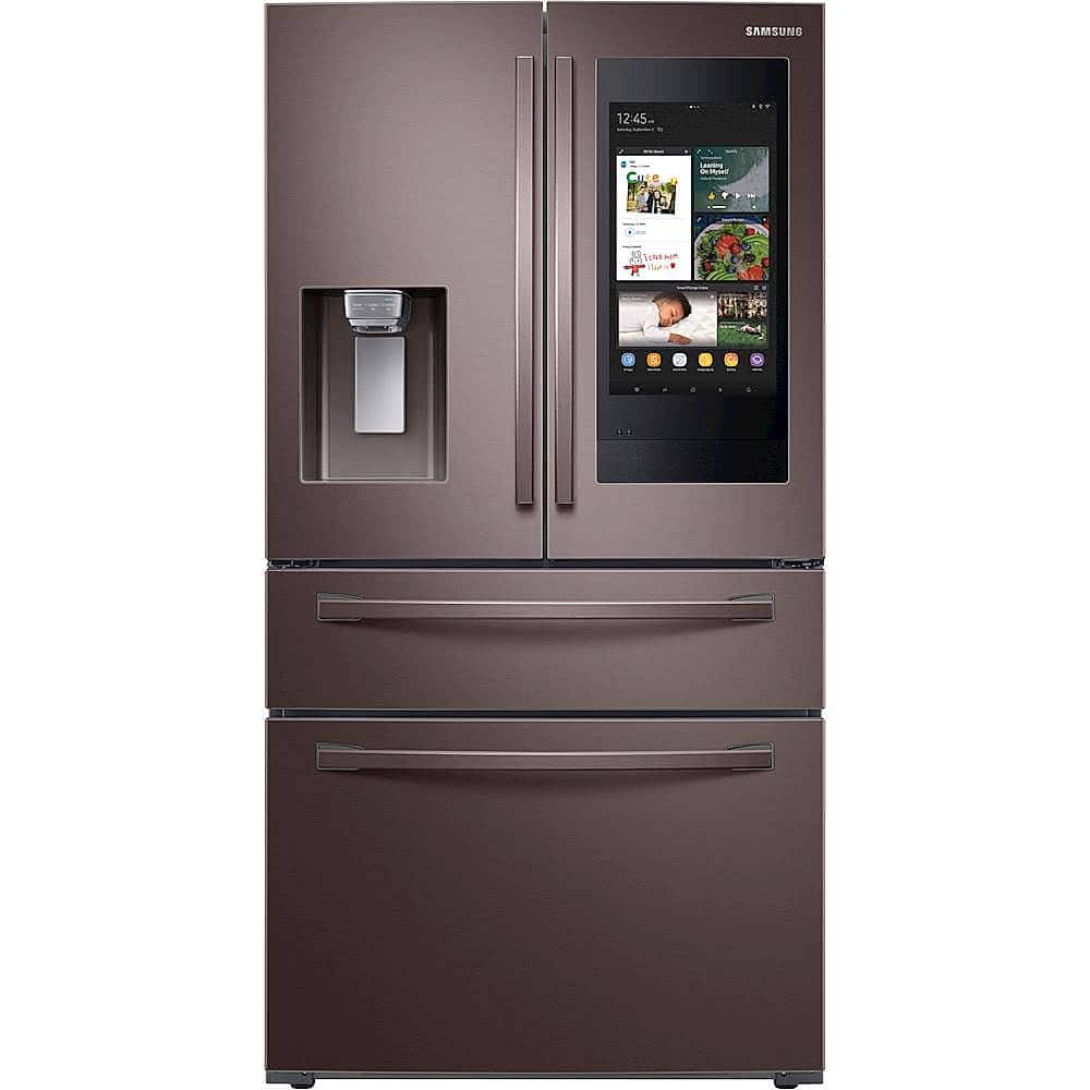 Front. Samsung - 27.7 cu. ft. 4-Door French Door Smart Refrigerator with Family Hub - Tuscan Stainless Steel.