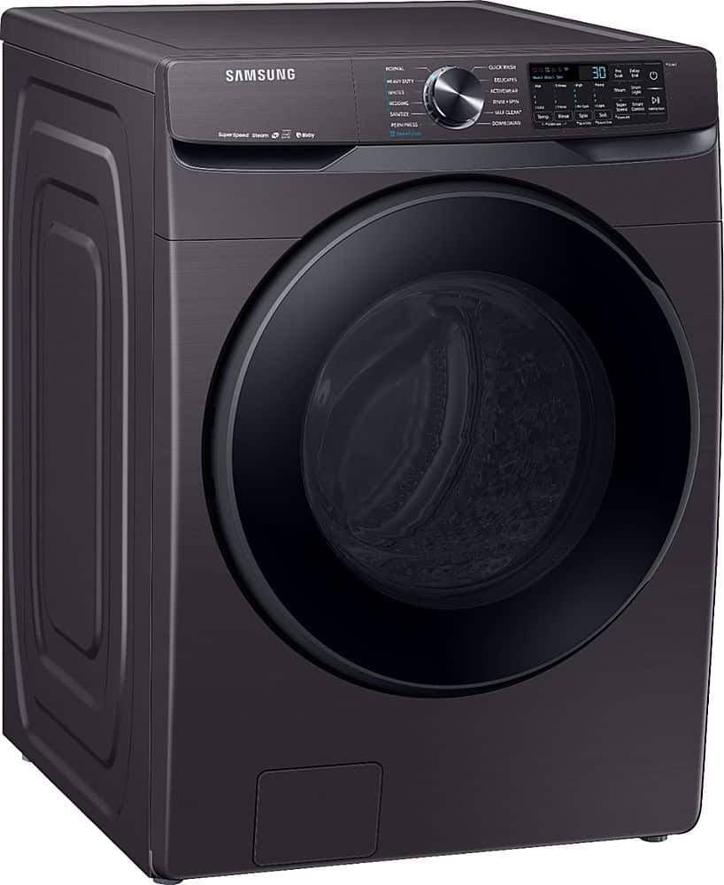 Angle. Samsung - 5.0 Cu. Ft. High-Efficiency Stackable Smart Front Load Washer with Steam - Black stainless steel.