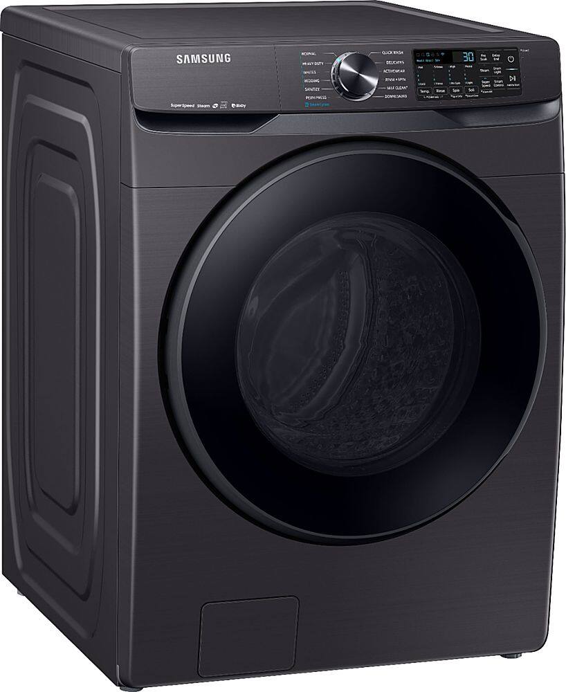 Angle. Samsung - 5.0 Cu. Ft.  High-Efficiency Stackable Smart Front Load Washer with Steam - Black stainless steel.
