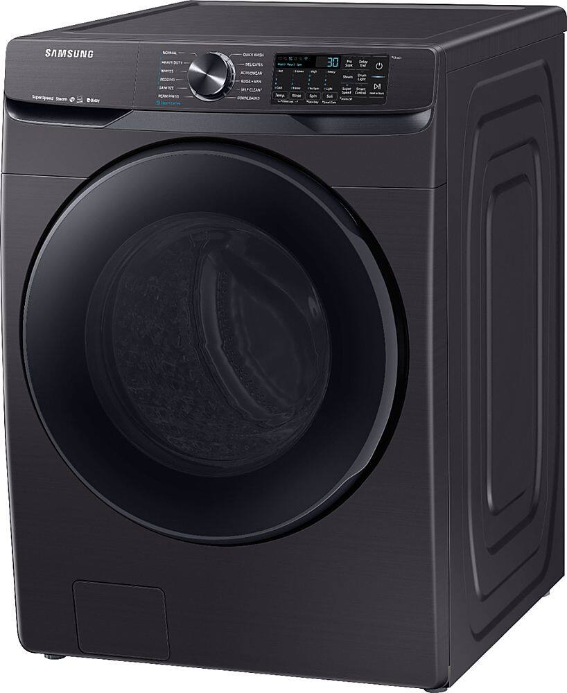 Left. Samsung - 5.0 Cu. Ft.  High-Efficiency Stackable Smart Front Load Washer with Steam - Black stainless steel.