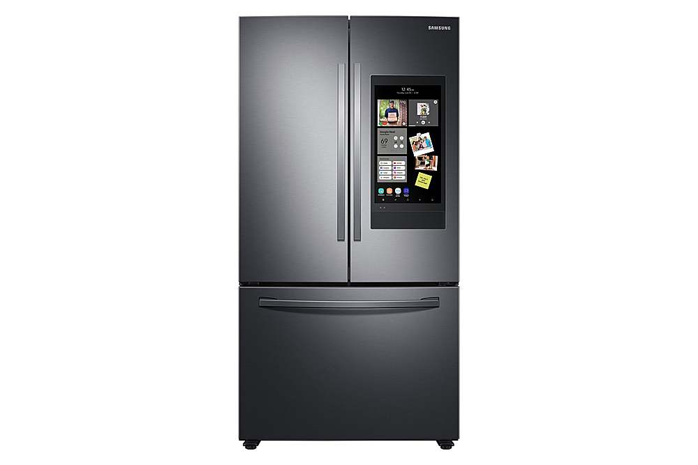 Front. Samsung - 28 cu. ft. 3-Door French Door Smart Refrigerator with Family Hub - Fingerprint Resistant Black Stainless Steel.