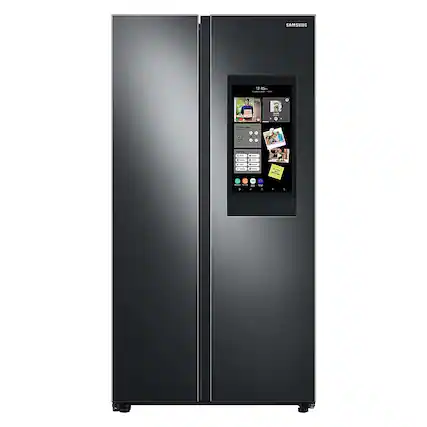 Front. Samsung - 27.3 cu. ft. Side-by-Side Smart Refrigerator with Family Hub - Fingerprint Resistant Black Stainless Steel.