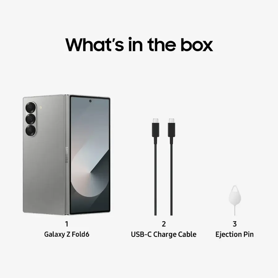 What's in the box: 1 Galaxy Z Fold6, 2 USB-C Charge Cable, 3 Ejection Pin