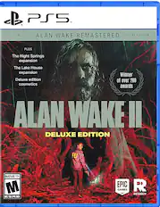 PS5 includes Alan Wake Remastered digital edition plus The Night Springs expansion and The Lake House expansion. The Deluxe Edition of Alan Wake II also includes over 200 cosmetics awards.