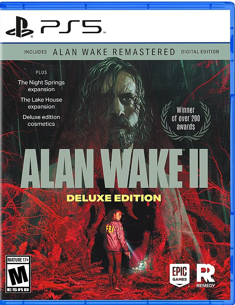 PS5 includes Alan Wake Remastered digital edition plus The Night Springs expansion and The Lake House expansion. The Deluxe Edition of Alan Wake II also includes over 200 cosmetics awards. - M (Mature 17+)