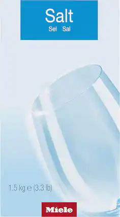 The image features a blue and white label with the word "Salt" written on it. The label also includes a picture of a glass, which is likely used to represent the salt being used for dishwashing purposes. The label is placed on a glass, which is filled with salt.