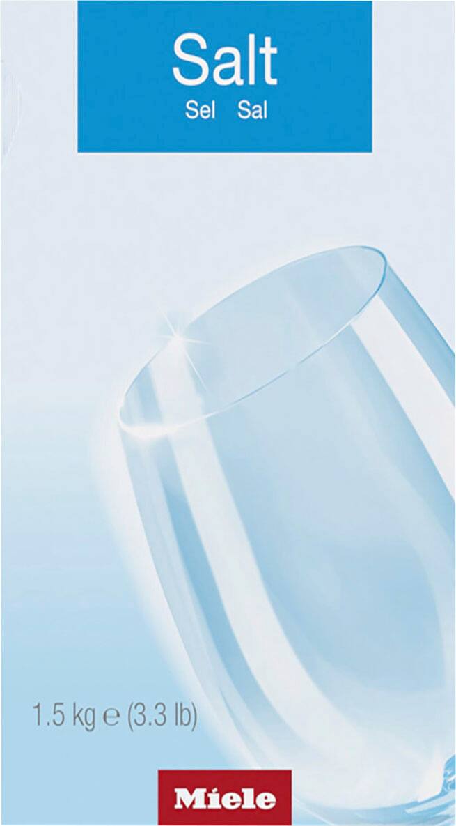 The image features a blue and white label with the word "Salt" written on it. The label also includes a picture of a glass, which is likely used to represent the salt being used for dishwashing purposes. The label is placed on a glass, which is filled with salt.