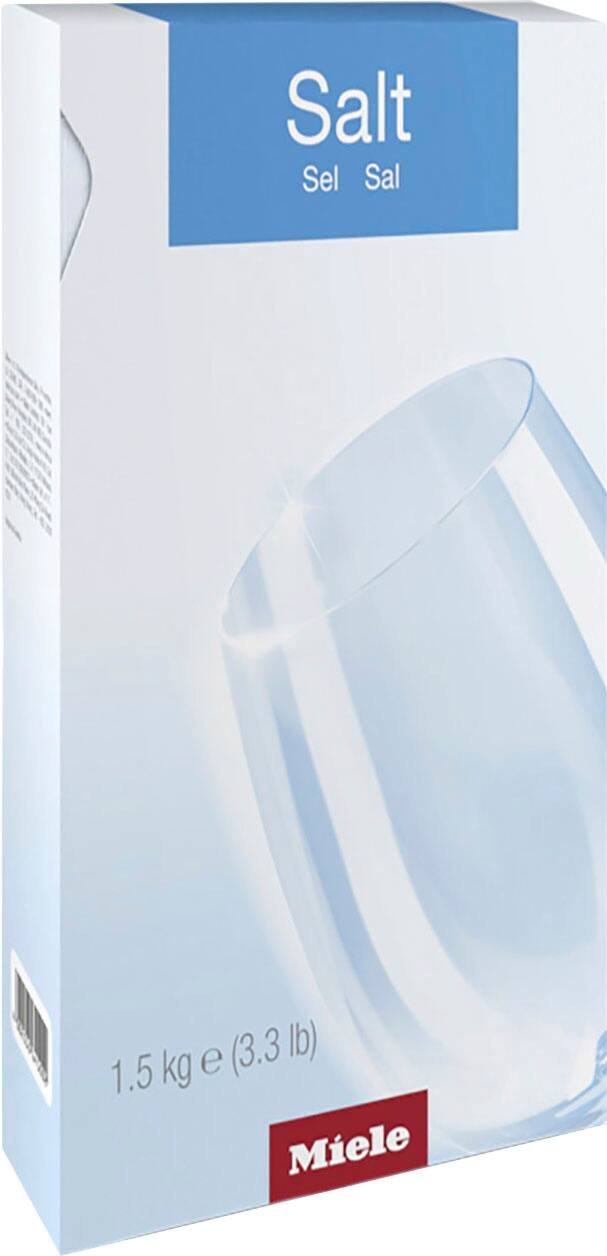 The image features a box of salt, with the word "Salt" written on the box. The salt is in a clear glass container, and the box is white. The salt is 1.5 kg in weight, and it is a Miele product.