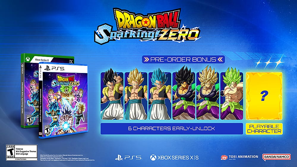 DRAGON BALL Sparking ZERO is a game for the Xbox Series X and PS5. It features 6 playable characters and comes with a pre-order bonus. The game has mild violence, mild language, and mild suggestive themes. It is rated E (for Everyone) by the ESRB and is published by Bandai Namco Entertainment. The game is developed by Toei Animation and Sony Interactive Entertainment.