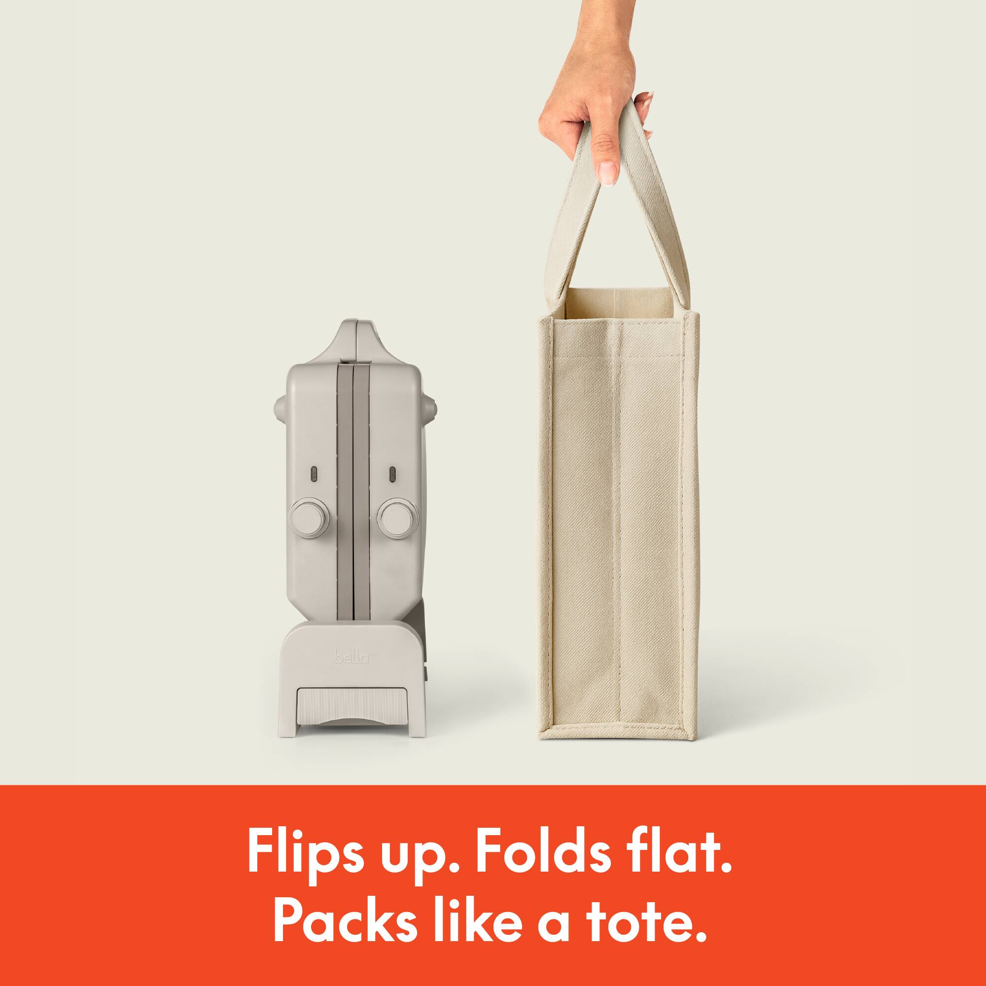 Flips up.  
Folds flat.  
Packs like a tote.