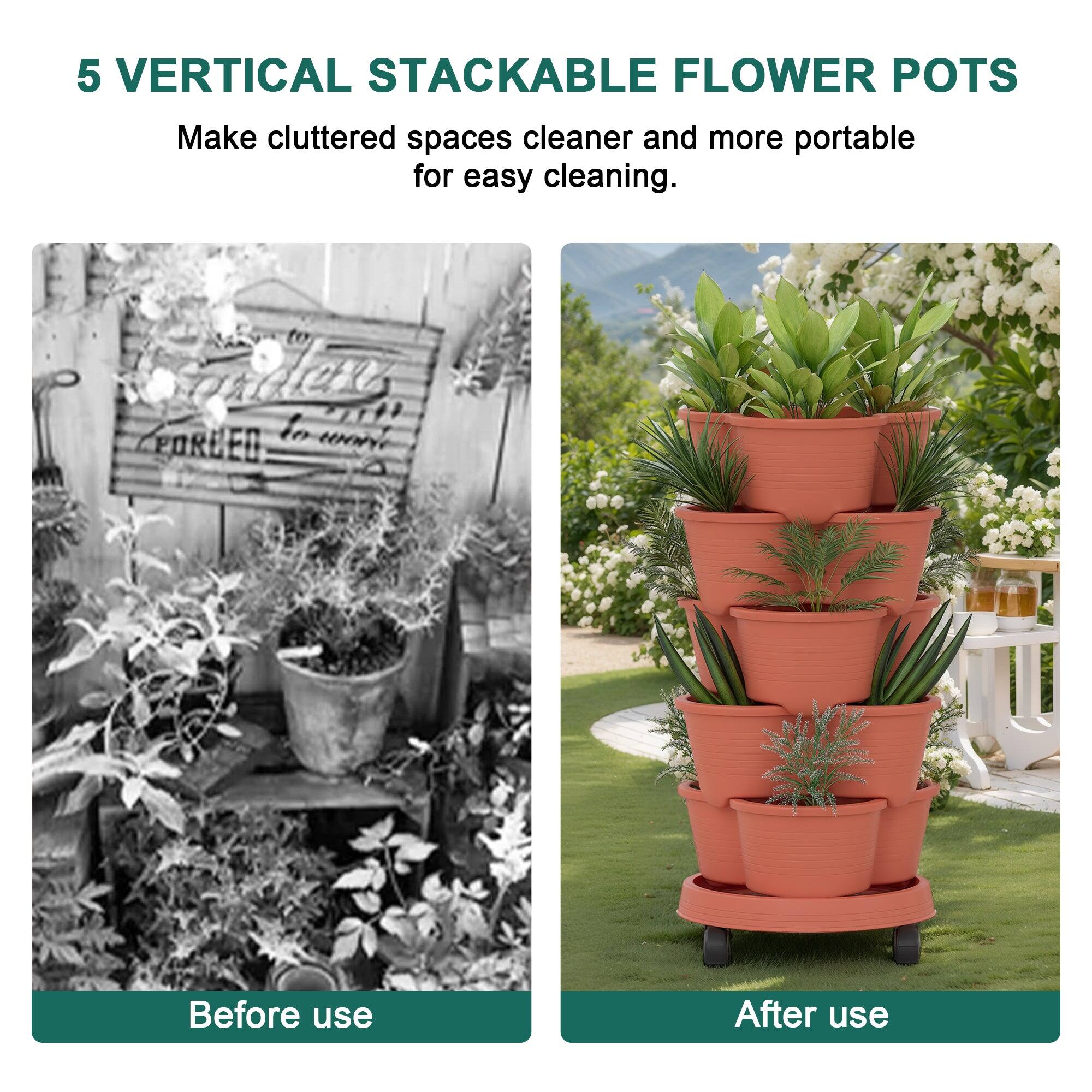 5 VERTICAL STACKABLE FLOWER POTS

Make cluttered spaces cleaner and more portable for easy cleaning.

Before use

After use