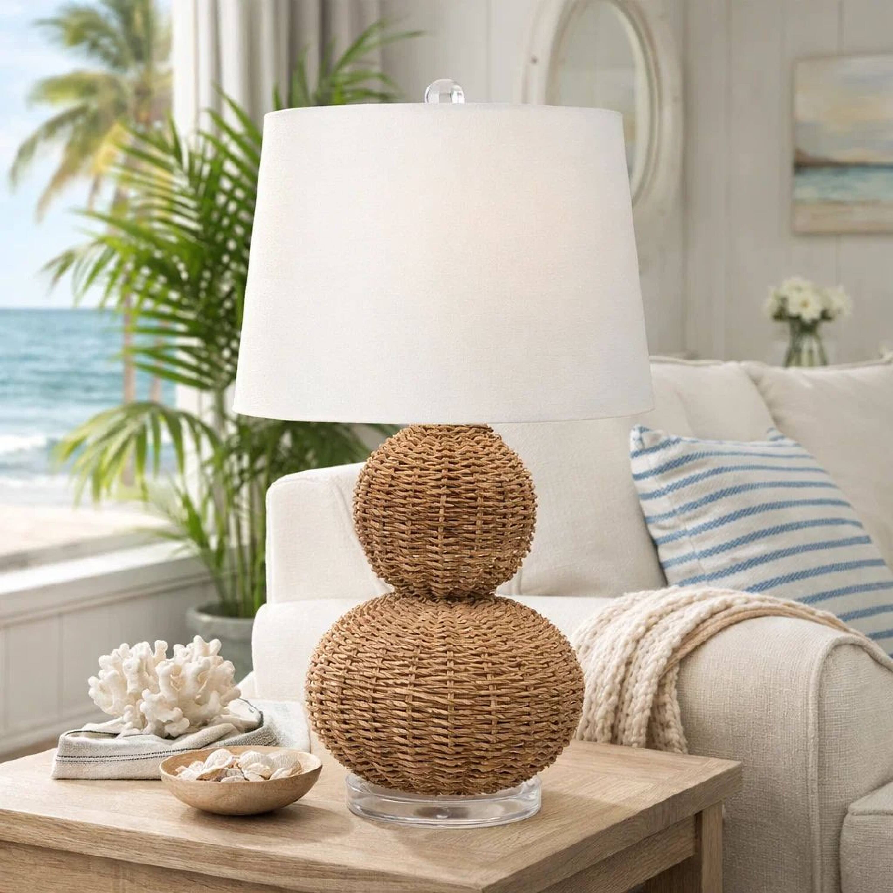 Alt View 3. Manhattan Lane - 25 Inch Table Lamp, Rattan Woven, Inverted Tapered Shade - White, Silver, Beige.