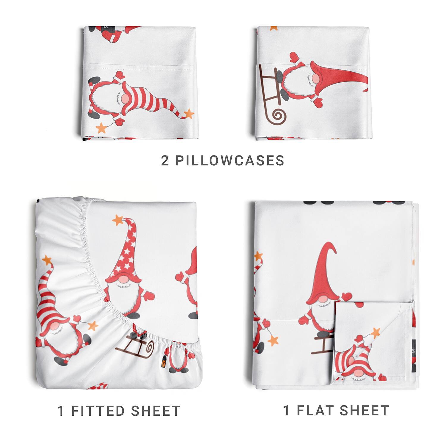 2 PILLOWCASES  
1 FITTED SHEET  
1 FLAT SHEET