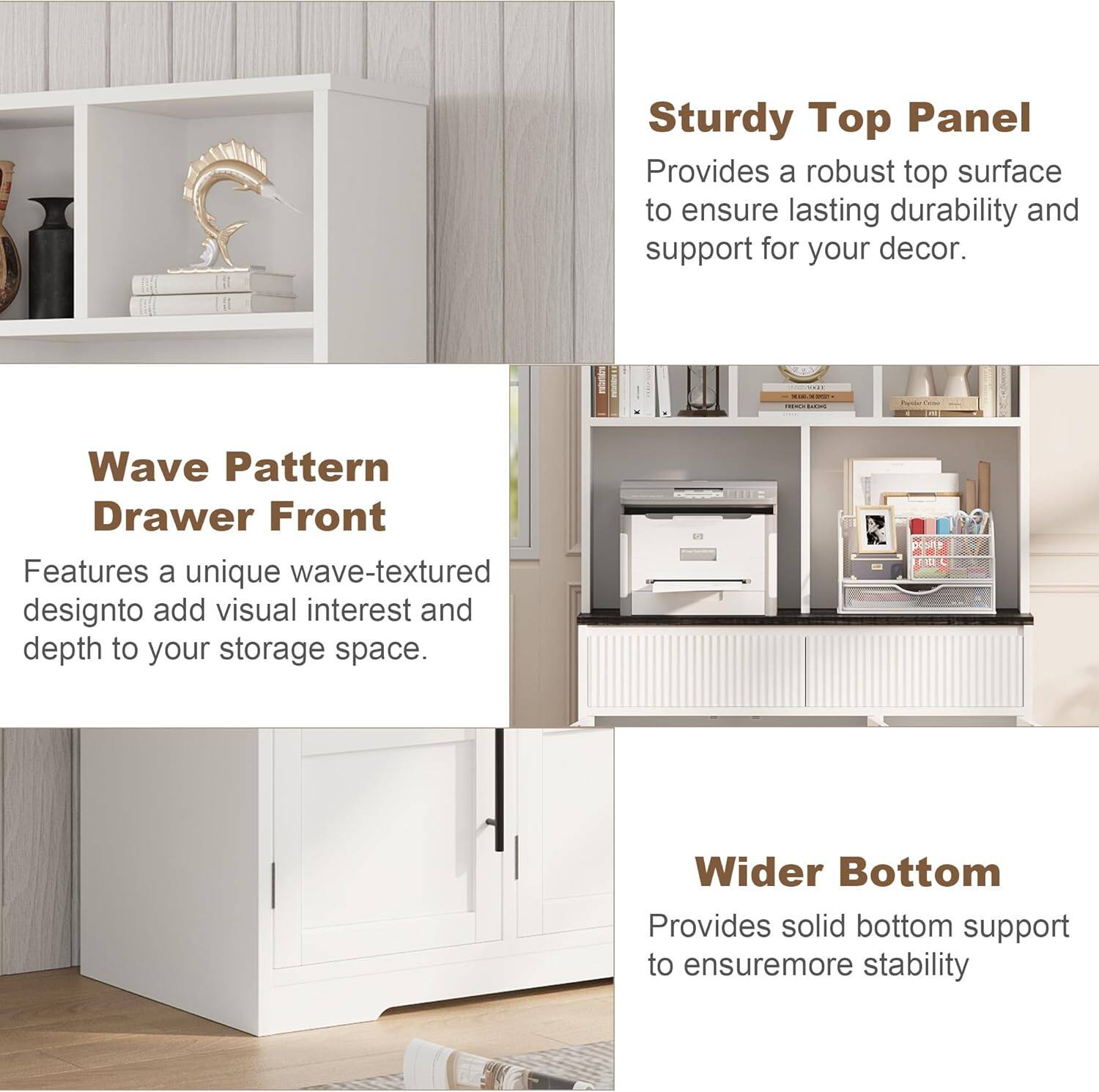 Sturdy Top Panel  
Provides a robust top surface to ensure lasting durability and support for your decor.

Wave Pattern Drawer Front  
Features a unique wave-textured design to add visual interest and depth to your storage space.

Wider Bottom  
Provides solid bottom support to ensure more stability.