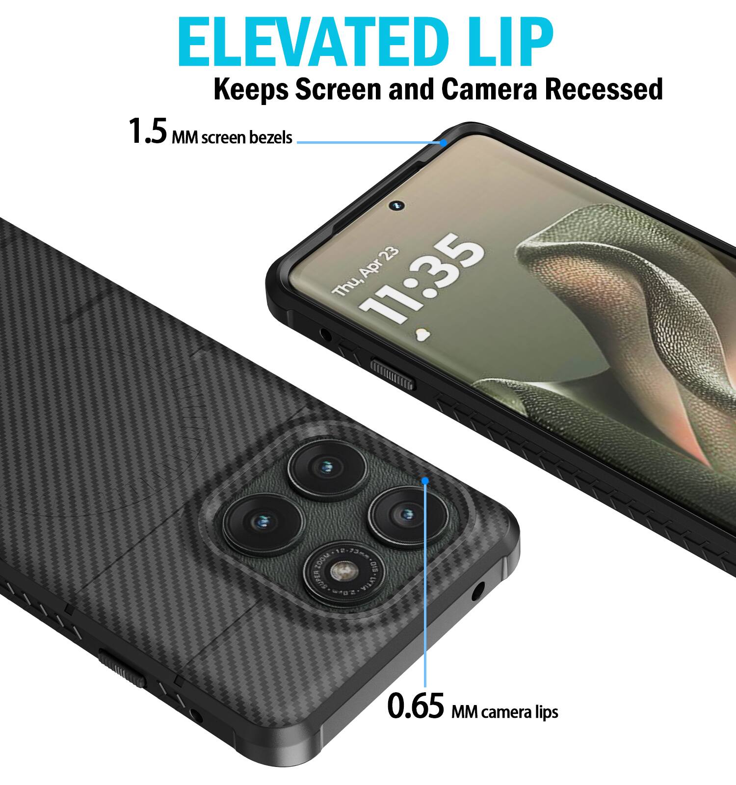ELEVATED LIP  
Keeps Screen and Camera Recessed  
1.5 MM screen bezels  
0.65 MM camera lips