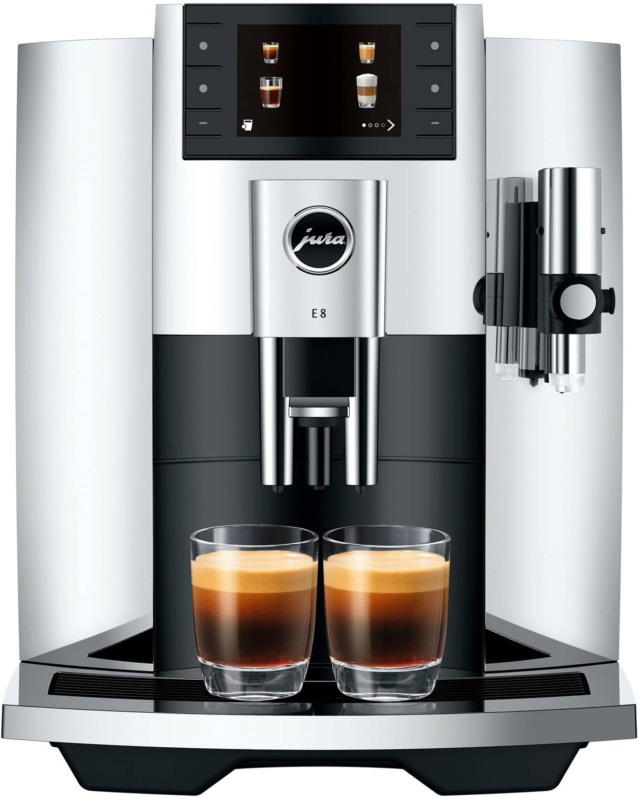 The image shows a Jura coffee machine with two cups of coffee on it. The machine is silver and black, and it has a digital display. The coffee cups are placed on a tray, and the machine is ready to serve the coffee. The Jura coffee machine is known for its high-quality coffee and user-friendly interface.