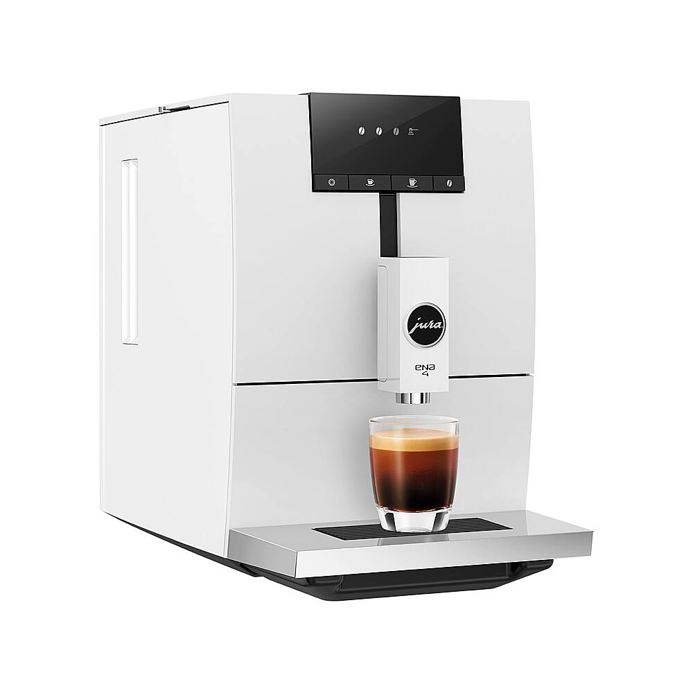 The image features a Jura CN3 coffee machine, which is a white and silver appliance. The machine is designed to make coffee and espresso drinks, and it is currently preparing a cup of coffee. The coffee is being poured into a glass, and the machine is equipped with a digital display and a control panel for easy operation. The Jura CN3 is a high-quality coffee maker that offers a range of options for customizing the coffee to suit individual preferences.