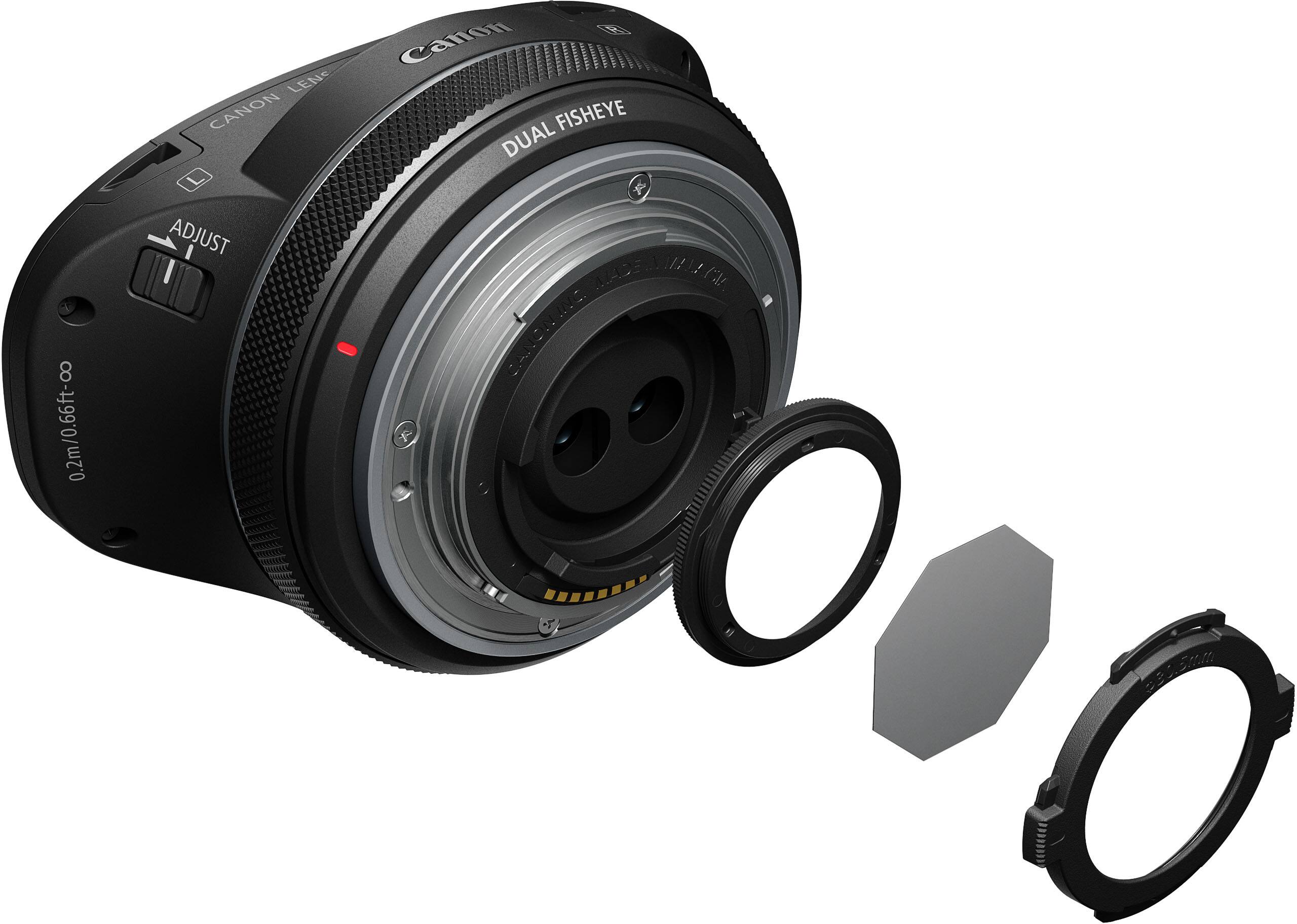 The text on the image reads: "0.2m/0.66ft-co LES CANON ADJUST Calon FISHEYE DUAL 1112 4 000." This text is likely a description or specifications for the camera lens.