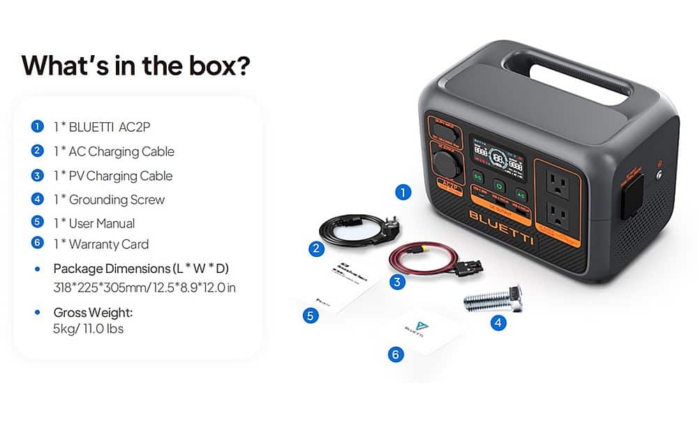 What's in the box?
1. BLUETTI AC2P
2. AC Charging Cable
3. PV Charging Cable
4. Grounding Screw
5. User Manual
6. Warranty Card
Package Dimensions (L W D):
318 225 12.5 8.9 12.0 in
Gross Weight: 5kg/11.0 lbs