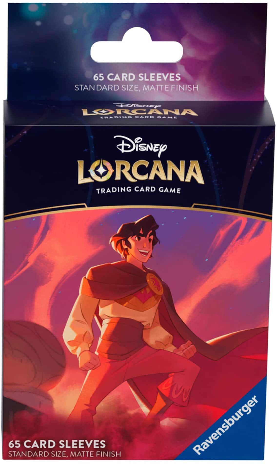 The text on the image reads: "65 Card Sleeves Standard Size, Matte Finish Disney Lorcana Trading Card Game."