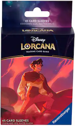 The text on the image reads: "65 Card Sleeves Standard Size, Matte Finish Disney Lorcana Trading Card Game."