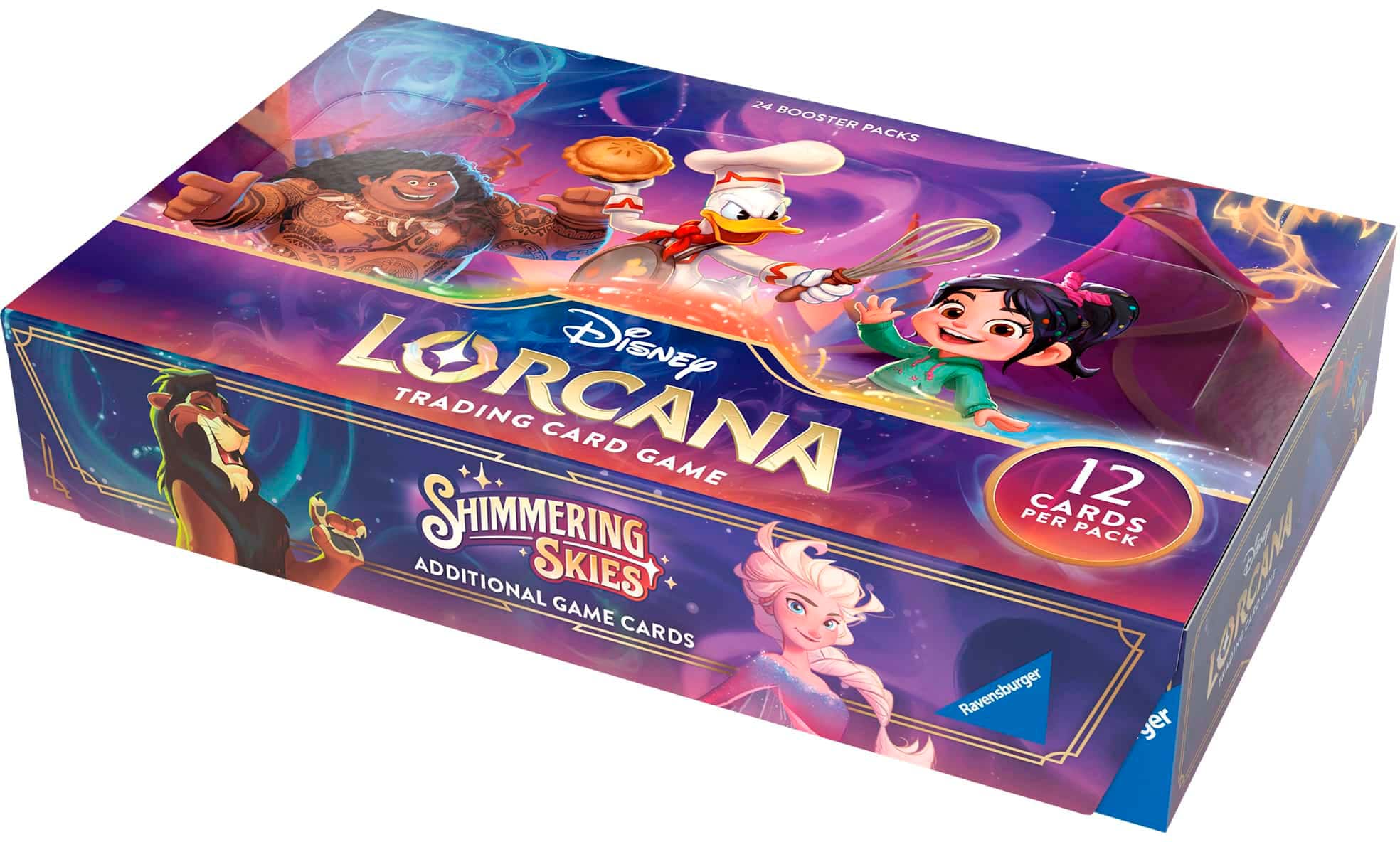 The text on the image reads: "2a BOOSTER PACKS DiSNEY LORCANA TRADING CARD GAME 12 SHIMMERING PER CARDS PACK SKIES ADDITIONAL + LRCWY GAME CARDS Ravensburger year."