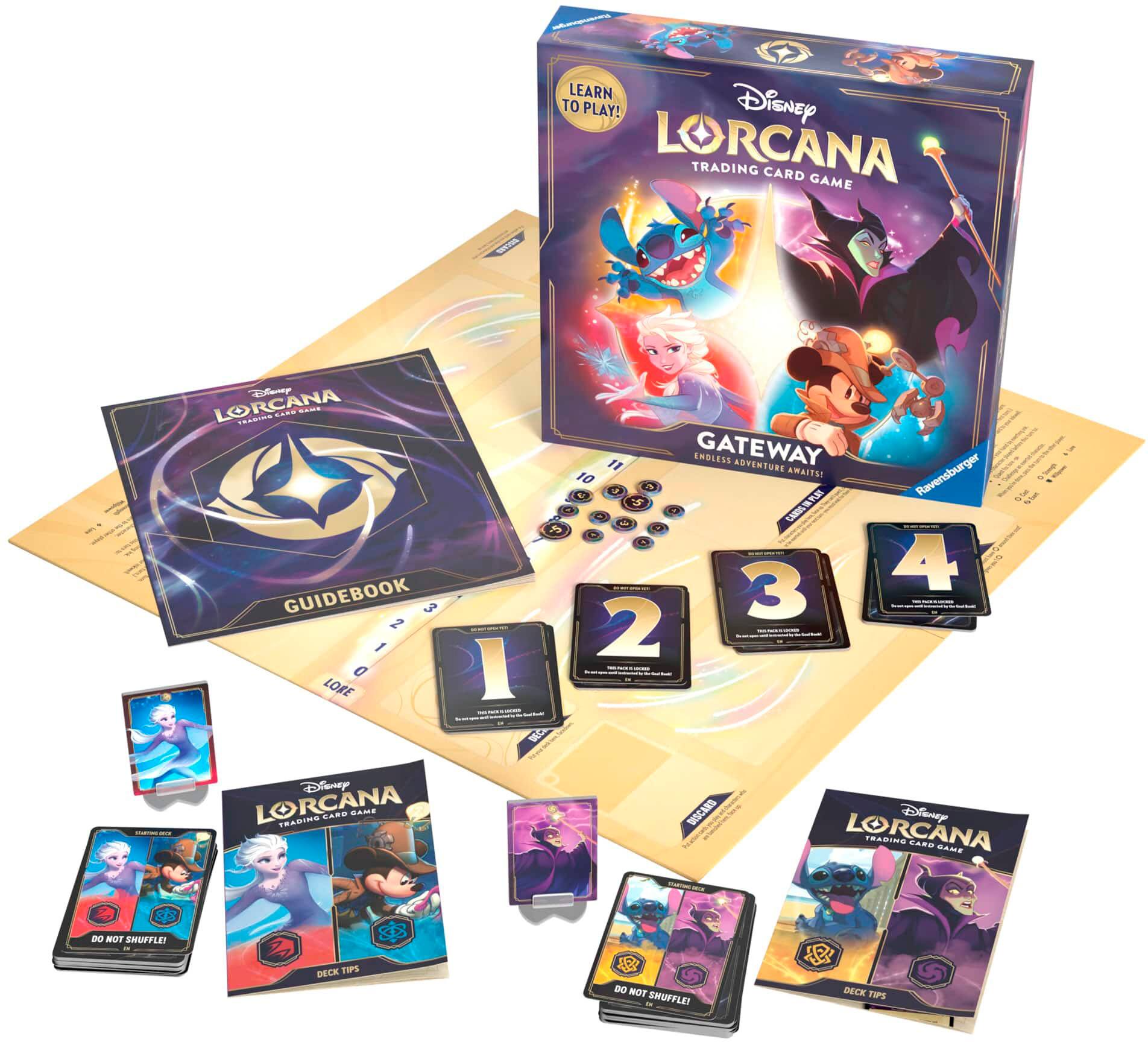 The image features a collection of Disney Lorcana trading card game items, including a guidebook, a deck, and a gateway set. The items are displayed on a table, showcasing the various components of the game. The guidebook is placed near the center of the table, while the deck and gateway set are positioned towards the right side. The collection is designed to help players learn and enjoy the game.