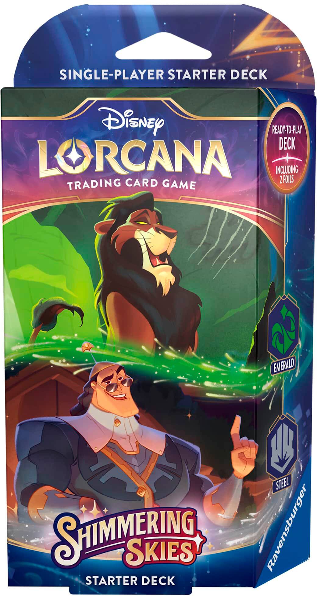 The image shows a single-player starter deck of the trading card game Lorcana, which includes foils and a ready-to-play deck. The deck is themed around the Emerald Shimmering Skies and features a variety of cards for players to enjoy. The packaging is designed to be visually appealing and easy to use, making it an ideal choice for those looking to get started with the game.