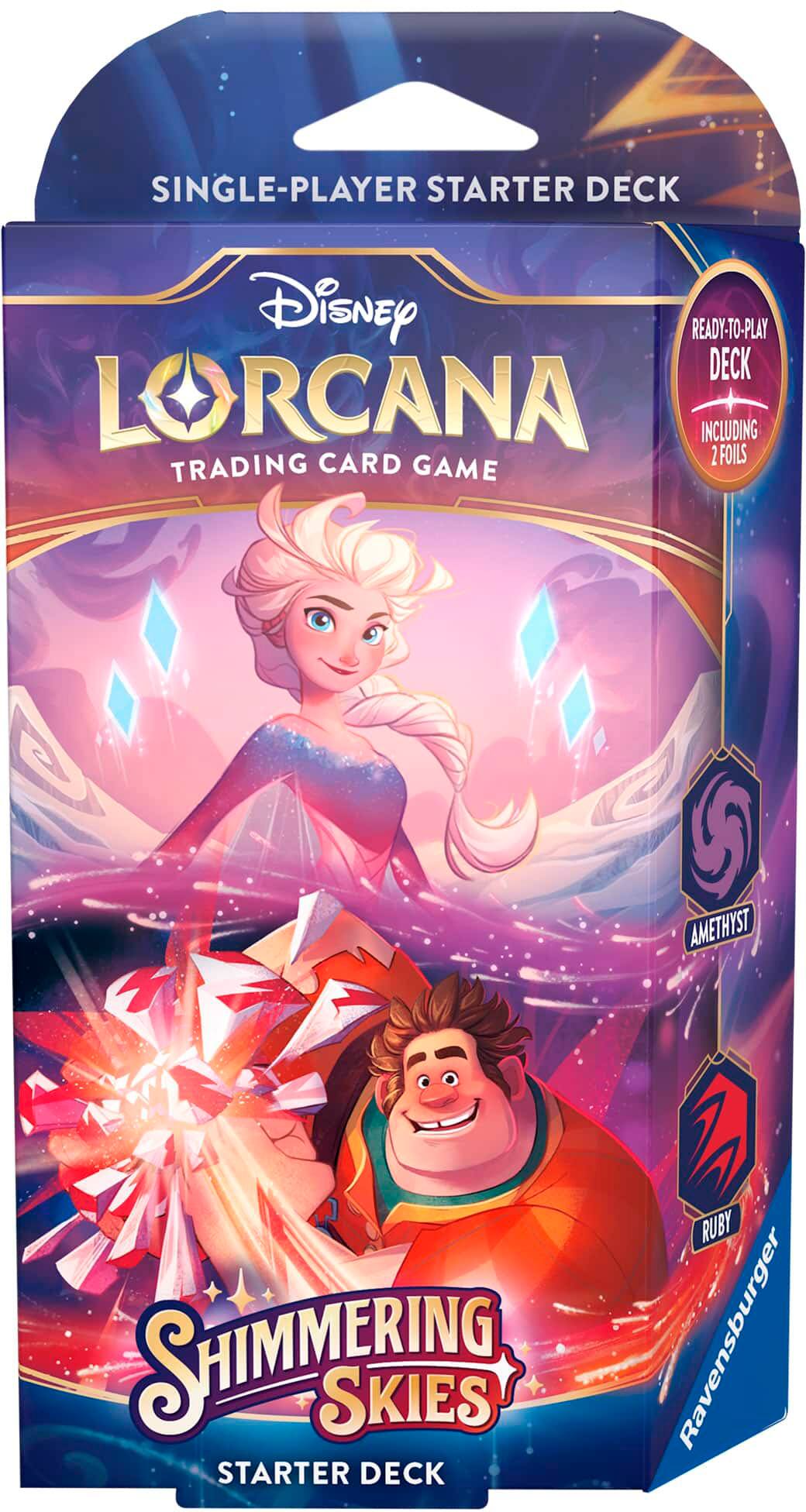 The image features a Disney trading card game called Lorcana. The game includes a single-player starter deck, which is a ready-to-play deck that comes with a foil card. The starter deck is designed for the Amethyst Shimmering Skies set, and it is produced by Rubbish Panda. The game is intended for players of all ages and skill levels, making it a fun and engaging activity for everyone.