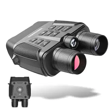 The image shows a small black device with a screen and a few buttons. The device is accompanied by a small black box, which is likely a camera or a similar device. The device has a menu mode, and it is equipped with night vision capabilities. The device is designed for use in low light conditions, making it suitable for various applications such as security, surveillance, or outdoor activities.
