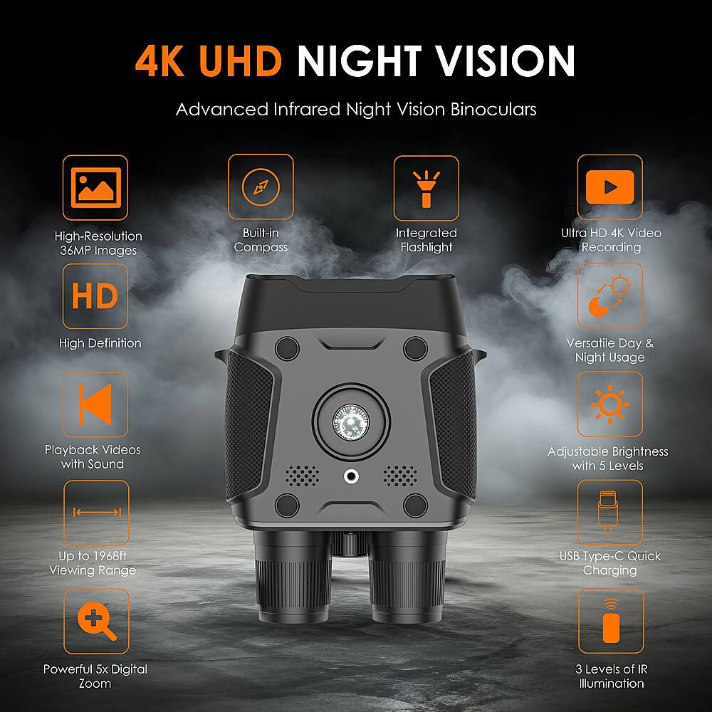 The text on the image is already grouped and correctly written. It describes the features of a 4K UHD Night Vision device, which includes advanced infrared night vision, high-resolution 36MP images, a built-in compass, an integrated flashlight, ultra HD 4K video recording, HD high definition, versatile day and night usage, playback videos with sound, adjustable brightness with 5 levels, up to 1968ft viewing range, USB Type-C quick charging, and powerful 5x digital zoom. Additionally, it has 3 levels of IR illumination.