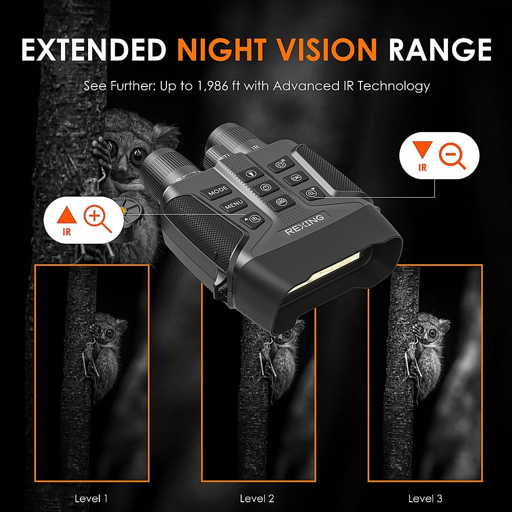 EXTENDED NIGHT VISION RANGE See Further: Up to 1,986 ft with Advanced IR Technology VR - IR + s2 1 DE G MODE MENU C REXING IR Level 1 Level 2 Level 3