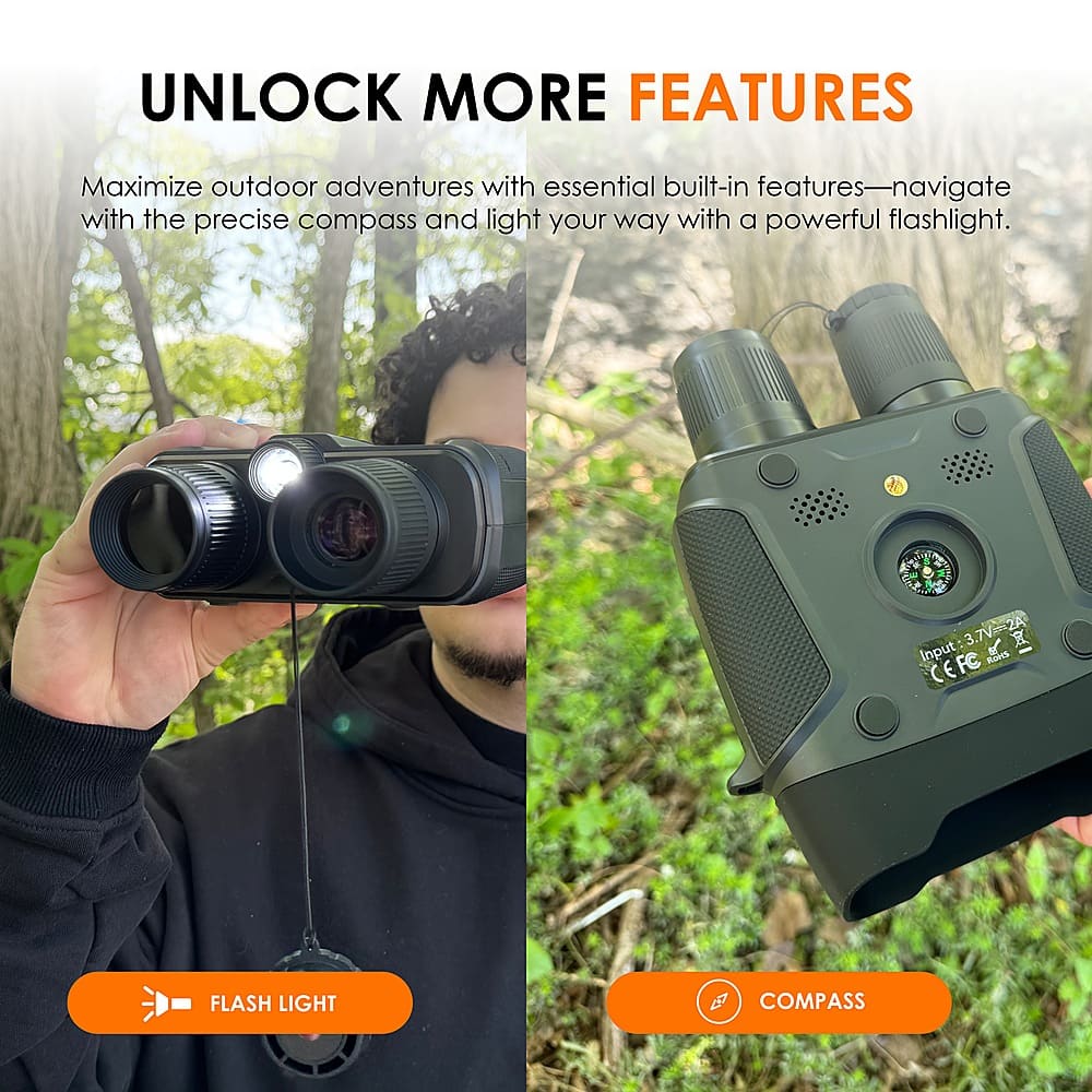 UNLOCK MORE FEATURES: Maximize outdoor adventures with essential built-in features - navigate with the precise compass and light your way with a powerful flashlight. 3.7V 2A 8 Input L CEFC FLASH LIGHT F COMPASS