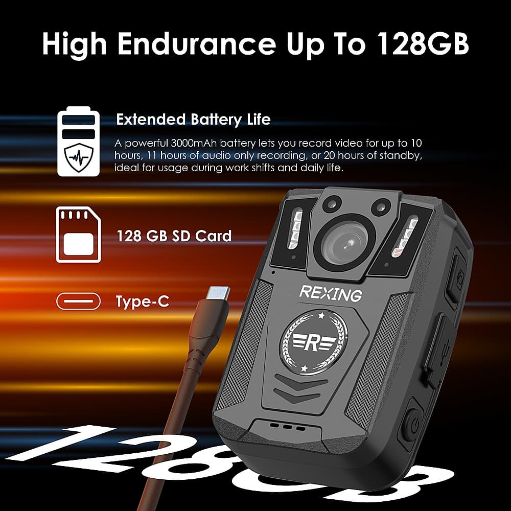 High Endurance Up To 128GB Extended Battery Life: A powerful 3000mAh battery lets you record video for up to 10 hours, 11 hours of audio only recording, or 20 hours of standby, ideal for usage during work shifts and daily life. 128 GB SD Card Type-C REXING ERE p G T