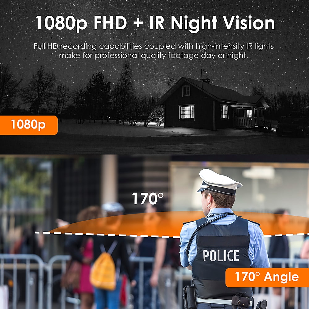 The text on the image is grouped and corrected as follows:
1080p FHD + IR Night Vision: Full HD recording capabilities coupled with high-intensity IR lights make for professional quality footage day or night.
170 POLICE 170 Angle: 170-degree viewing angle for a broader perspective.