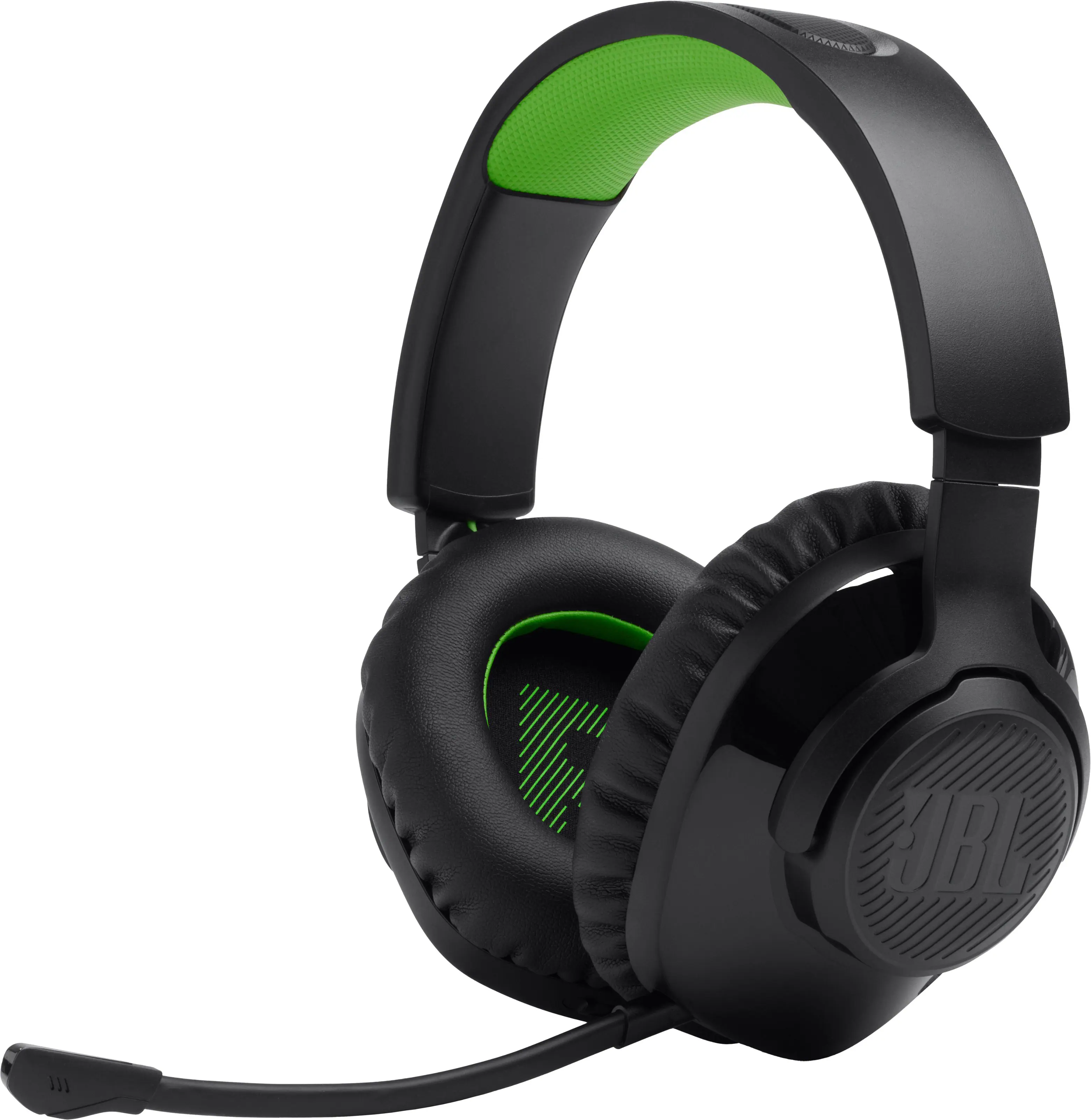 The image features a pair of black and green headphones with a microphone. The headphones have a comfortable fit and are designed for gaming and other audio-intensive activities. The microphone is positioned on the left side of the headphones, allowing for clear communication during gaming sessions or video calls. The headphones are placed on a white background, making them stand out in the image.