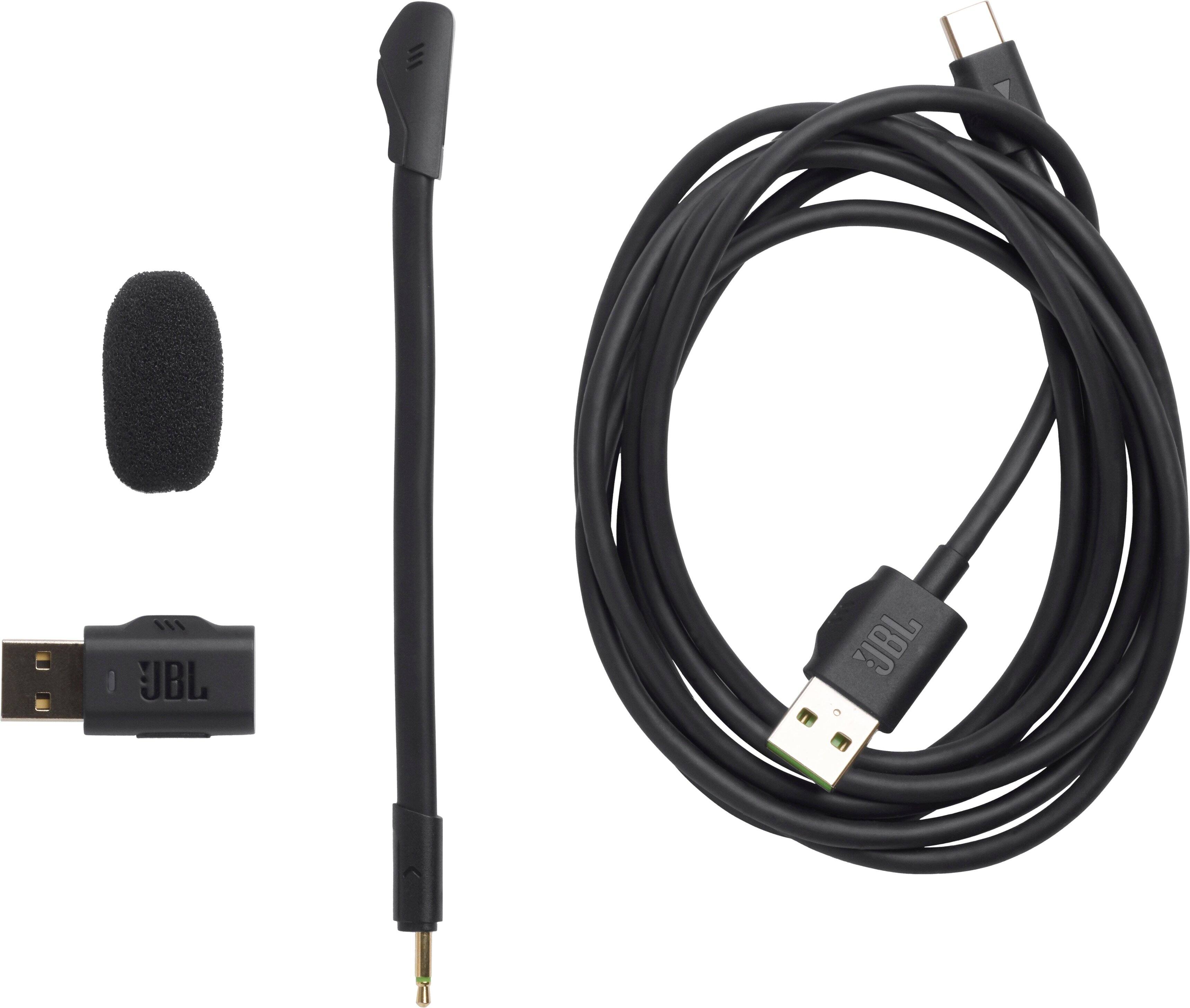 The image features a black microphone, a black USB cable, and a black cord. The microphone is connected to the USB cable, which is plugged into a computer. The cord is also connected to the microphone, making it a complete setup for recording audio. The microphone is placed next to the USB cable, and the cord is positioned in front of the microphone.