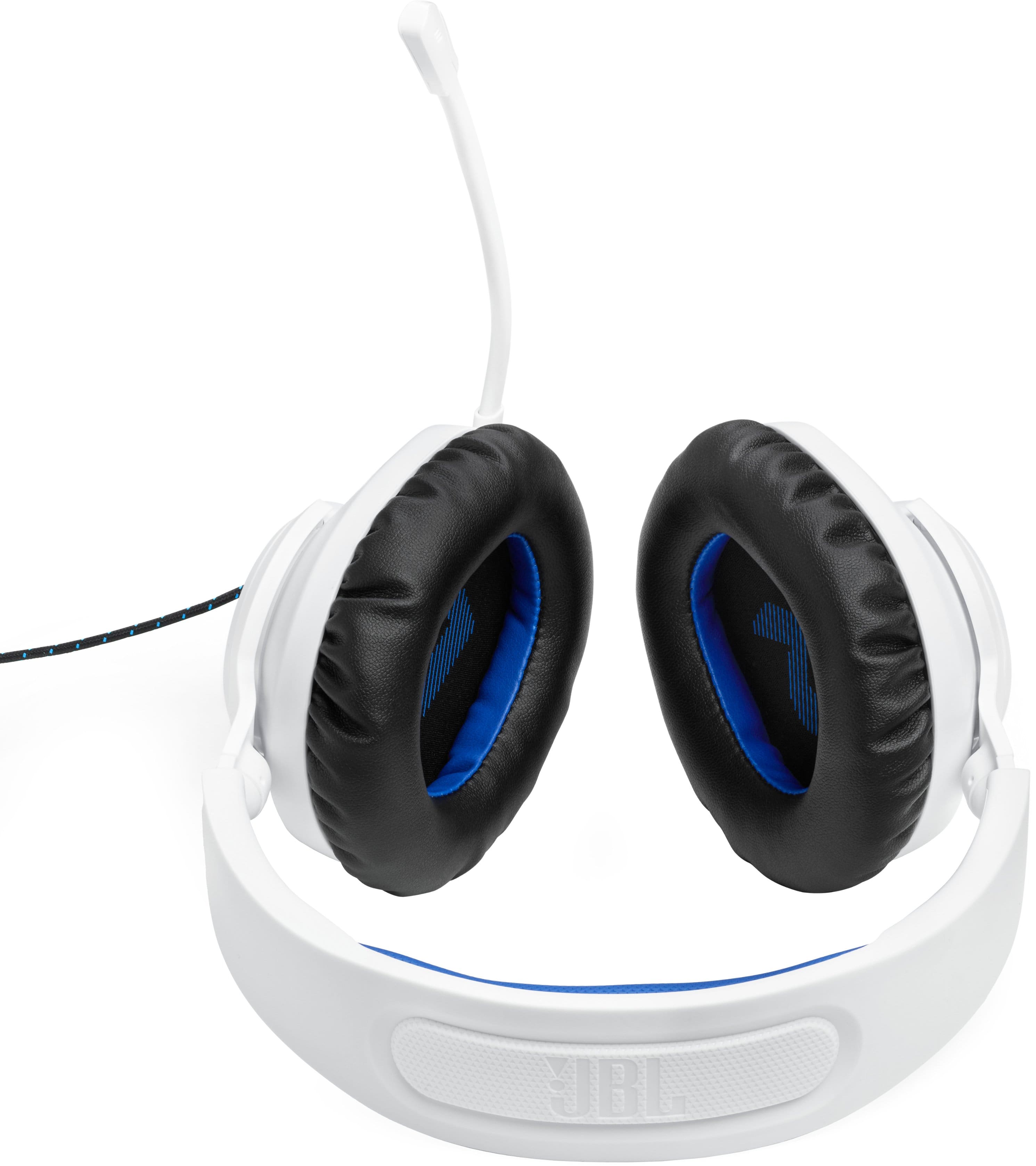 The image features a pair of white and black headphones with a blue accent. The headphones are designed for use with a computer, and they have a built-in microphone for clear communication during calls. The headphones are placed on a white surface, and they are ready to be used by a user.