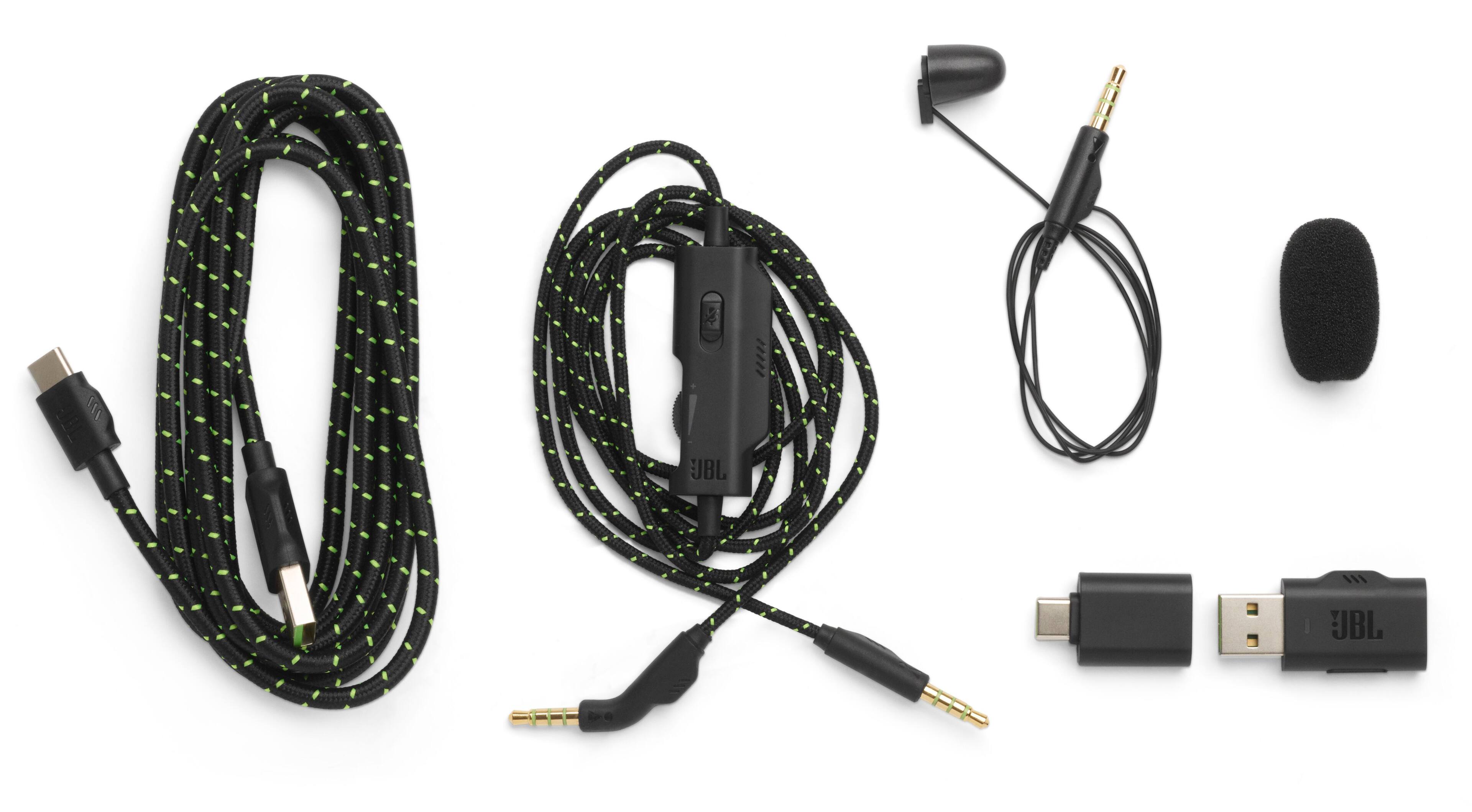 The image displays a collection of electronic accessories, including a USB cable, a microphone, and a headphone. The USB cable is green and black, and it is placed next to the microphone and headphone. The microphone is positioned on the right side of the image, while the headphone is located on the left side. The accessories are arranged neatly, showcasing their various components and features.