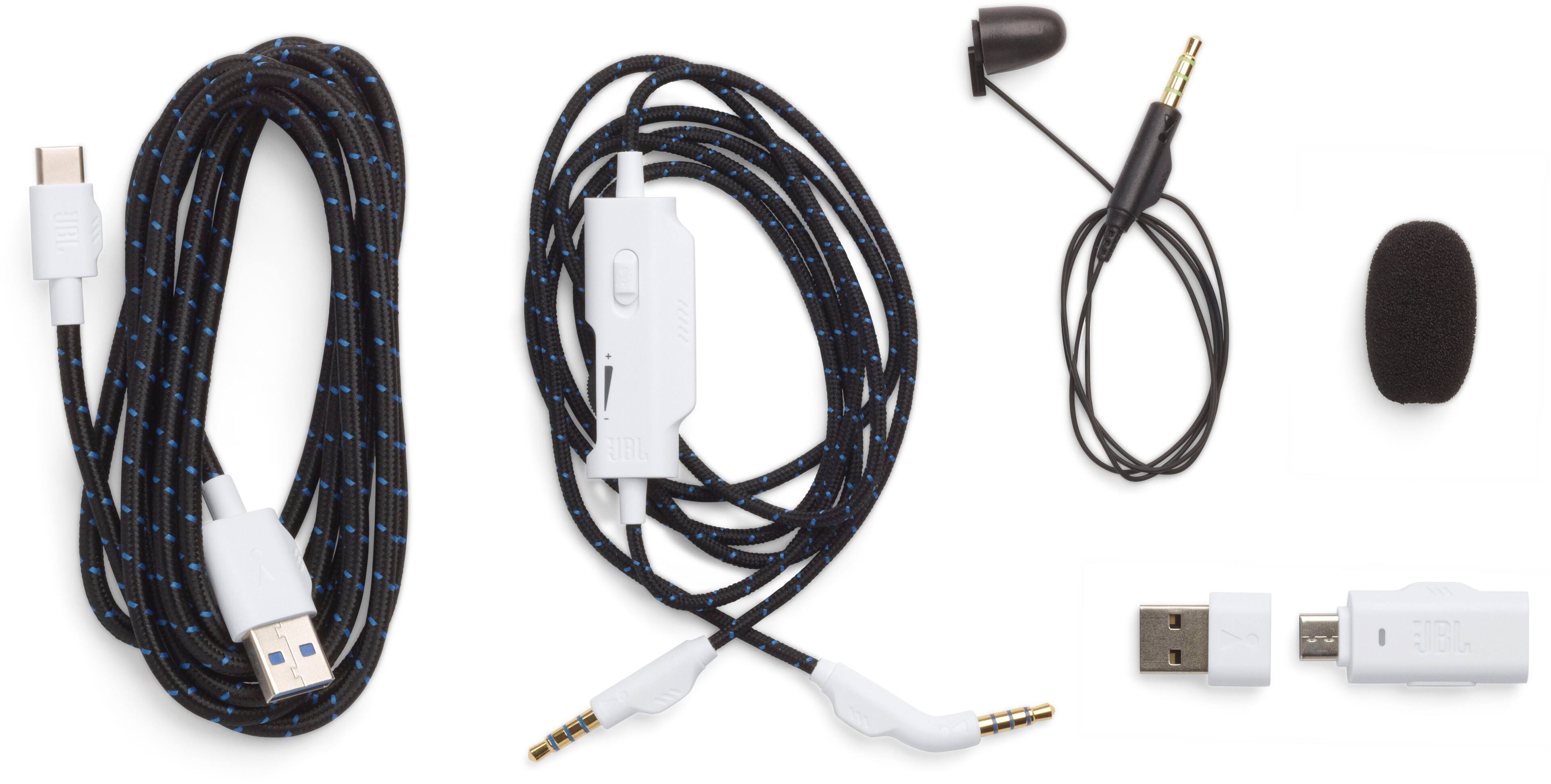 The image features a collection of electronic accessories, including a USB cable, headphones, and a microphone. The USB cable is shown in the top left corner of the image, while the headphones are positioned in the top right corner. The microphone is located in the bottom right corner. The arrangement of these accessories suggests that they are being used for various purposes, such as charging, listening to music, or recording audio.