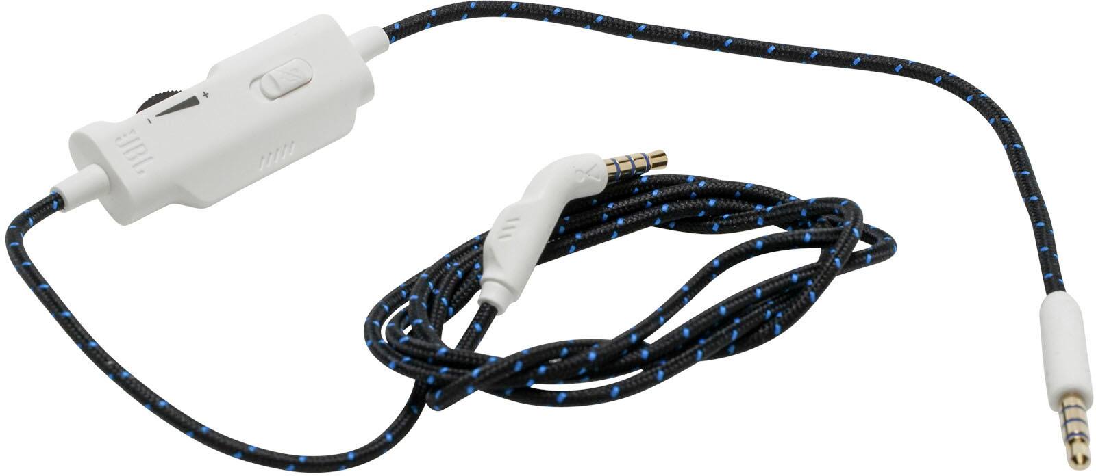The image features a white and black cord with a plug on one end and a headphone jack on the other. The cord is hanging in the air, and it appears to be a charger or a device for connecting to a headphone. The cord is long and has a blue and black pattern, making it visually appealing.