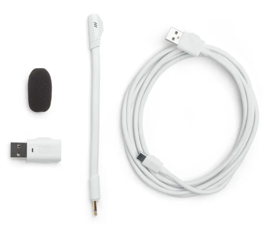 The image features a white USB cable, a white earbud, and a white microphone. The USB cable is connected to a white charger, and the earbud is attached to the charger. The microphone is also connected to the charger, making it a complete set of accessories for a smartphone or other electronic devices.