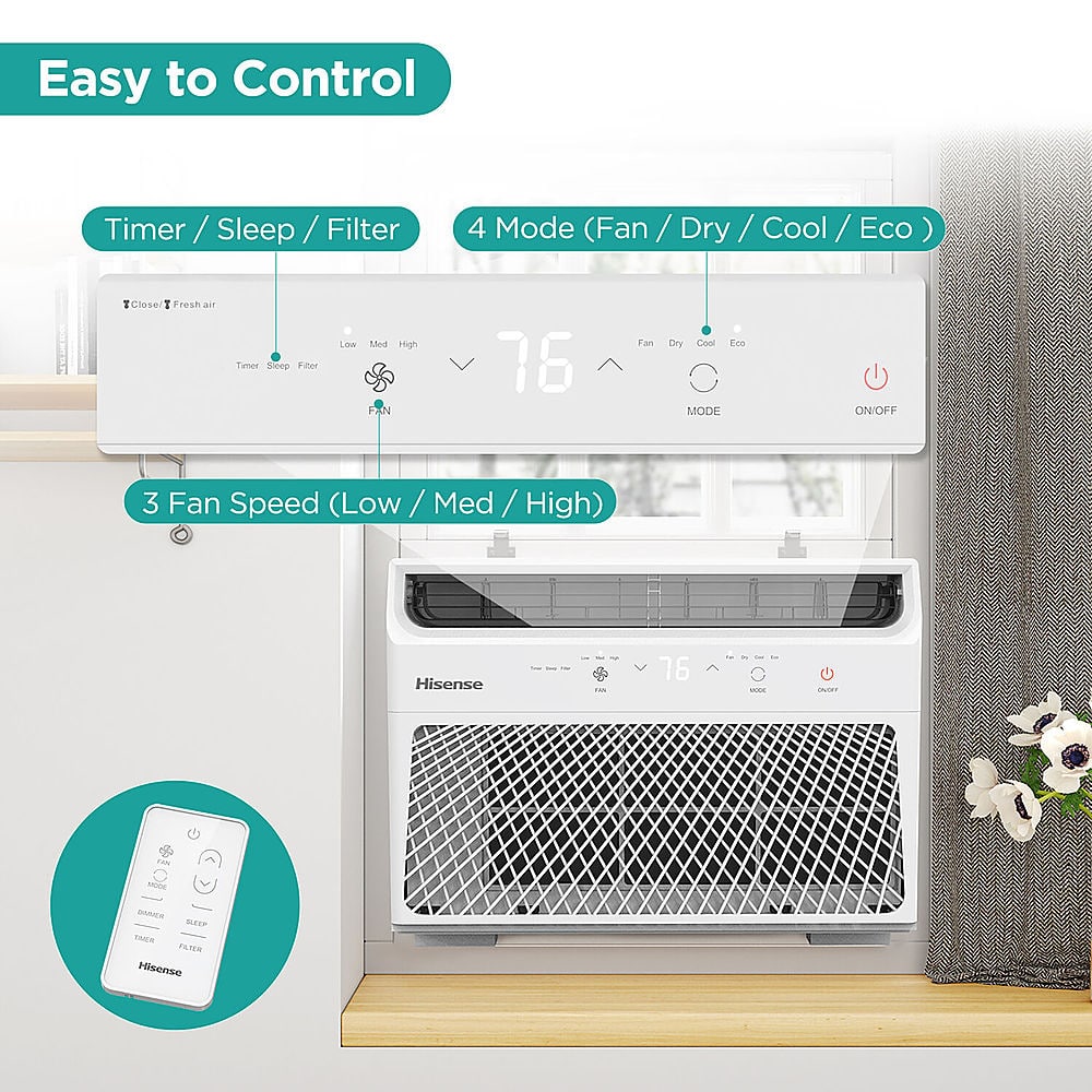 Easy to Control: Timer / Sleep / Filter / 4 Mode (Fan / Dry / Cool / Eco) / Close / Fresh Air / Taner Sleep / Filler / Low / Med / High / FIN 76 / Fan / Dry / Cool / Eco / MODE ON/OFF / 3 Fan Speed (Low / Med / High) / Hisense - i 76 / IT - PN Buer / Taner