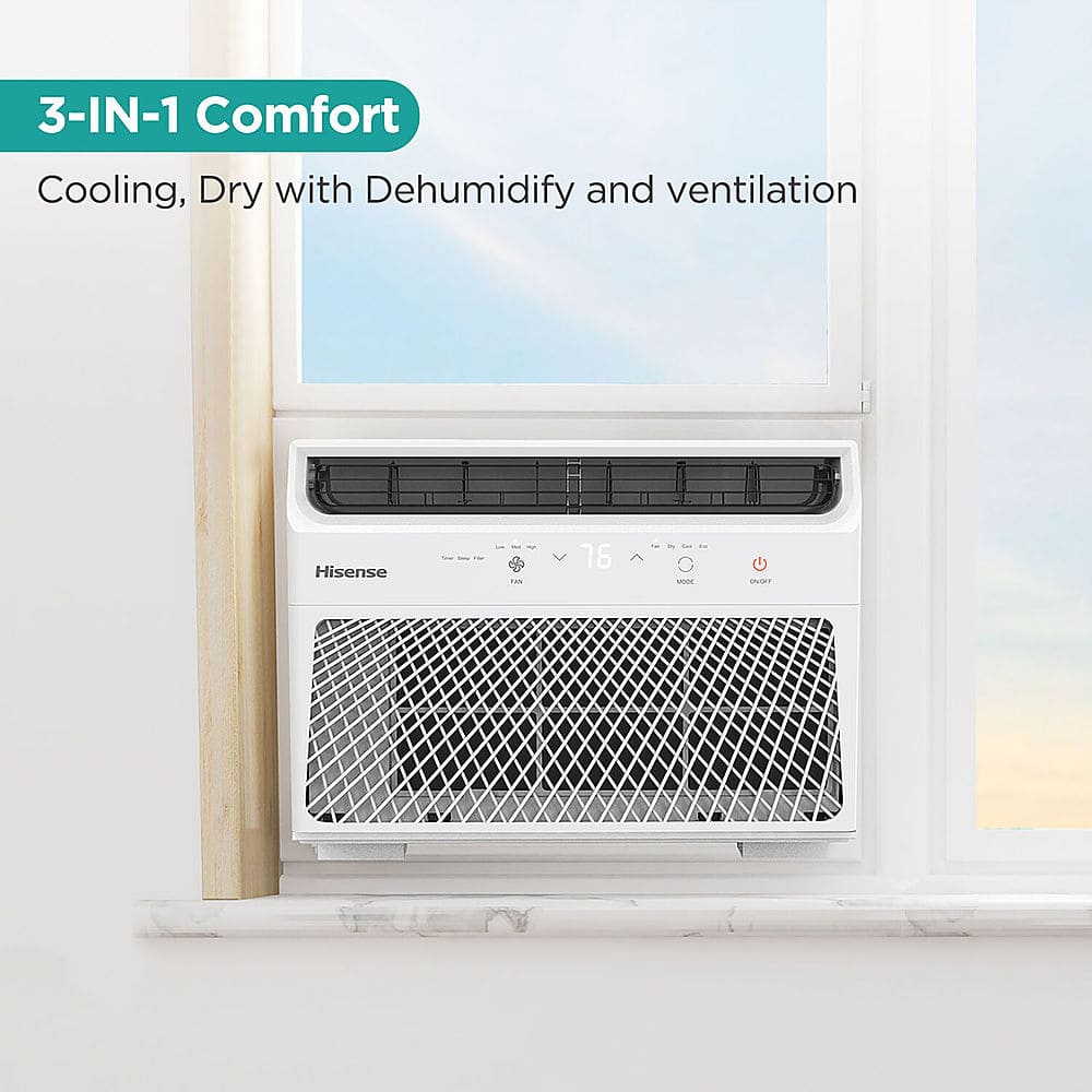 The text on the image reads "3-IN-1 Comfort Cooling, Dry with Dehumidify and ventilation Hisense." This is a description of a product that offers multiple functions, including cooling, drying, dehumidifying, and ventilation. The product is made by the brand Hisense.