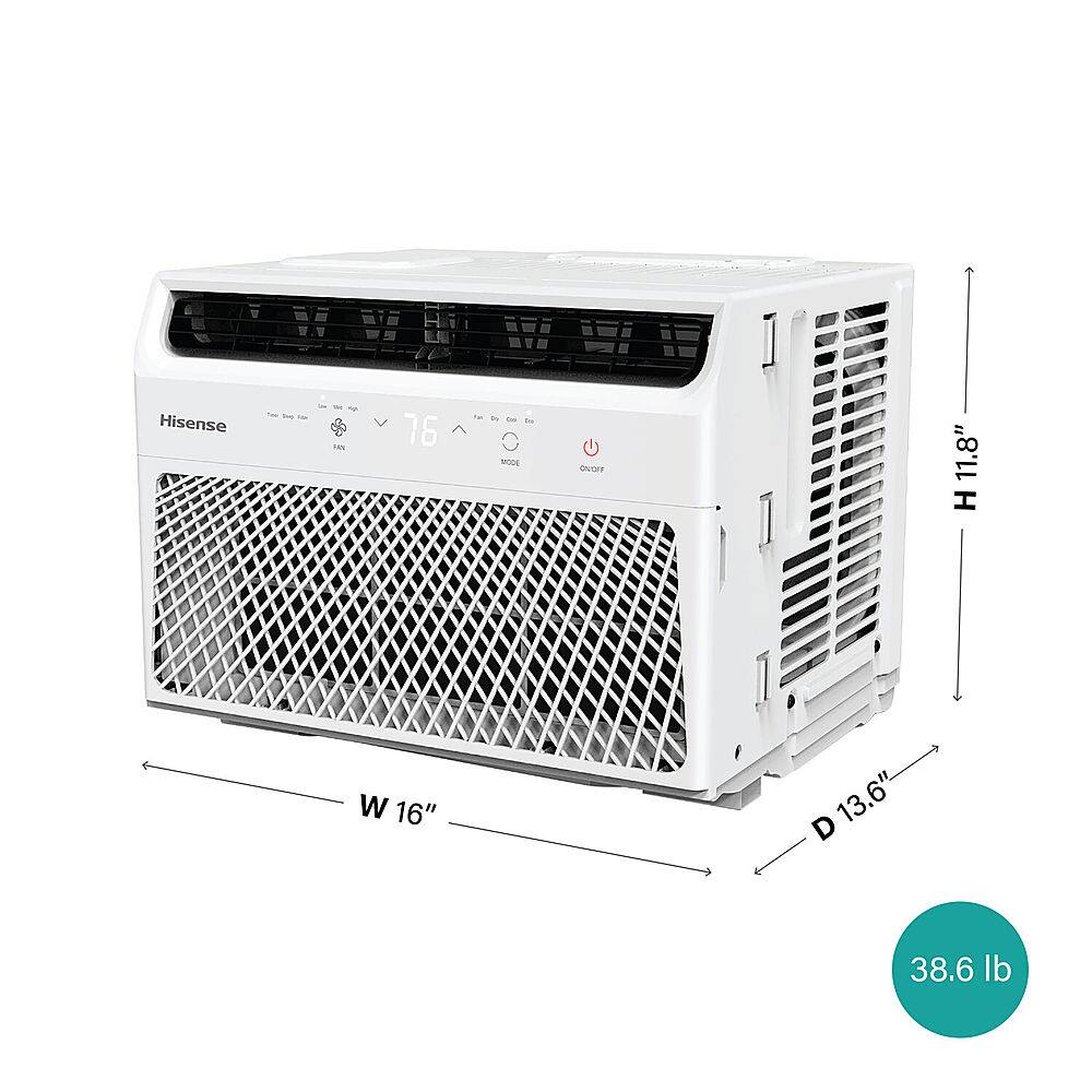 The text on the image reads "Hisense - 76 BOE ONCRF 11.8" H W 16" 13.6" 13 D 38.6 lb." This information describes a Hisense air conditioner with a size of 11.8" H x 16" W x 13.6" D and a weight of 38.6 lbs.