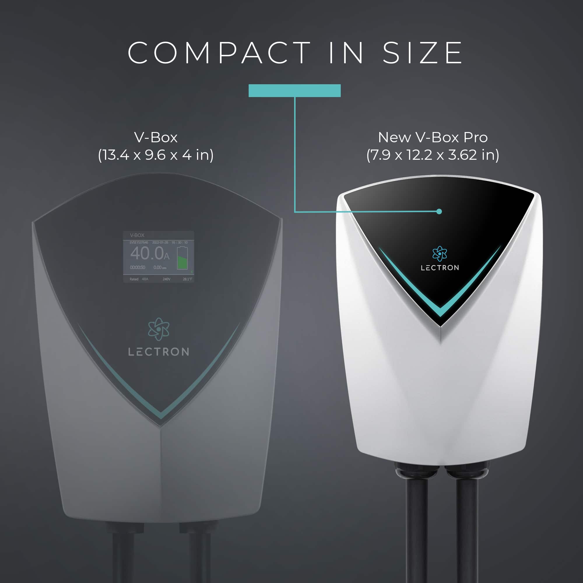 The text on the image reads: "Compact in size V-Box (13.4 x 9.6 x 4 in) New V-Box Pro (7.9 x 12.2 x 3.62 in) VBx MTE 2a 40.0A 000R ca LECTRON Body - JEN A1 LECTRON."