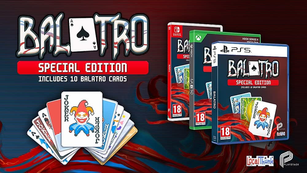 A Balatro Special Edition includes 10 Balatro cards, a Joker card, and a Joker joke book. It is compatible with Switch, Xbox Series X, and PlayStation 5.